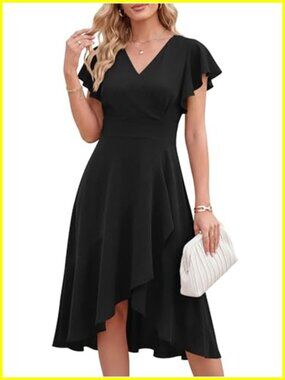 Womens Cocktail Wrap Dress Semi Formal Wedding Guest Midi High Low Ruffle